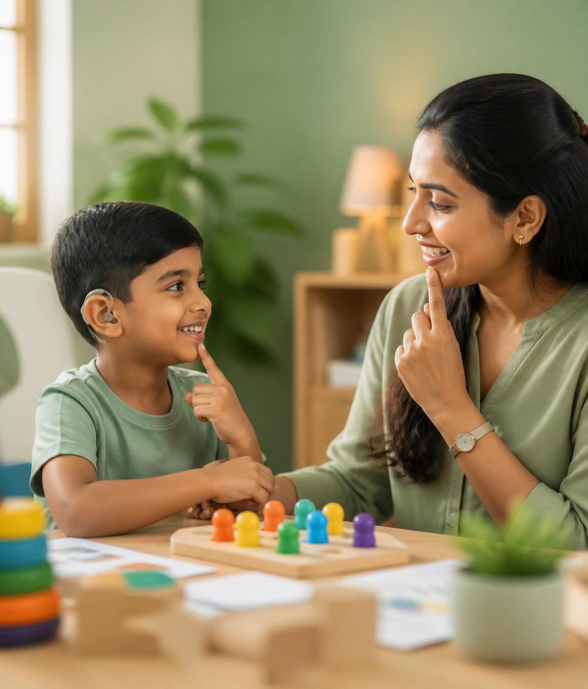 A child wearing a hearing aid during a play-based therapy session with a therapist