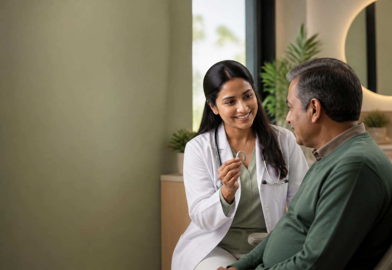 An audiologist showing a hearing aid to a patient during a consultation