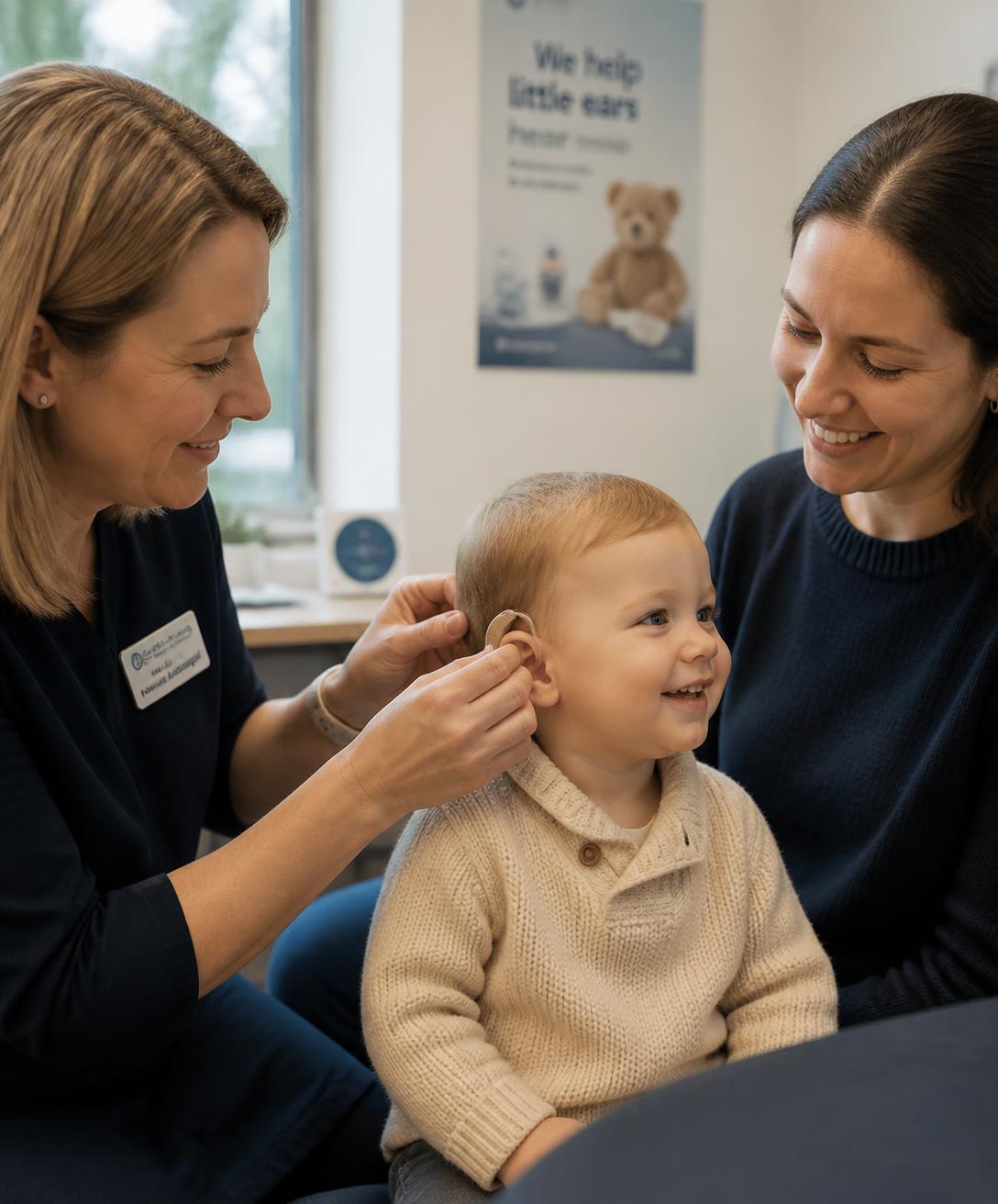 An audiologist fitting a hearing aid on a young child while a parent sits alongside