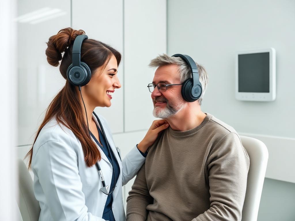 Audiologist conducting a hearing test with an adult patient
