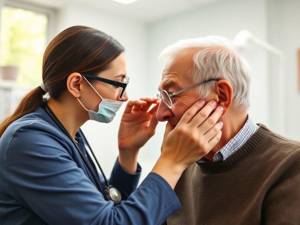 Audiologist fitting a hearing aid for an older adult