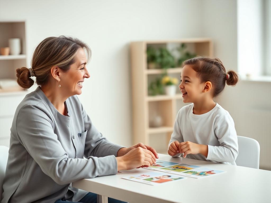 Therapist working with a child in a speech and hearing therapy session